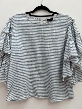 Who What Wear Striped Ruffle Sleeve Top - Blue and White L